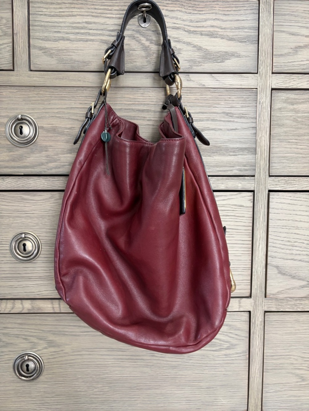 Ralph Lauren Leather Hobo Bag in Burgundy, Brown, & Gold, Women’s Shoulder Tote